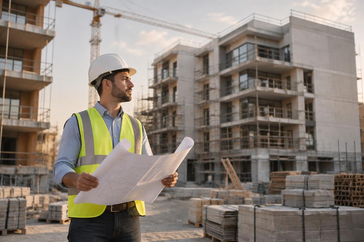 Profesional revisando planos frente a una obra en construcción