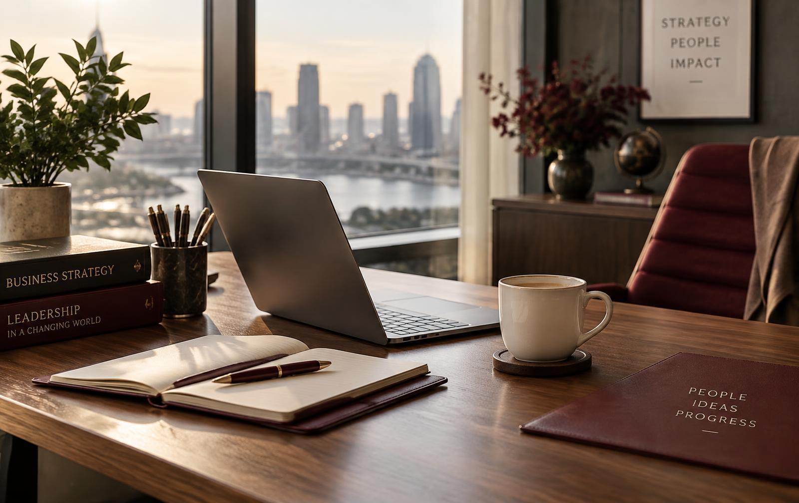 Escritorio de oficina profesional con vista a la ciudad